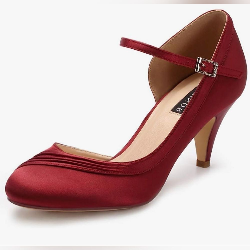 ☔️🩵NWOB Burgundy Satin Ankle Strap Kitten Heel Shoes Size 8 - Picture 2 of 14